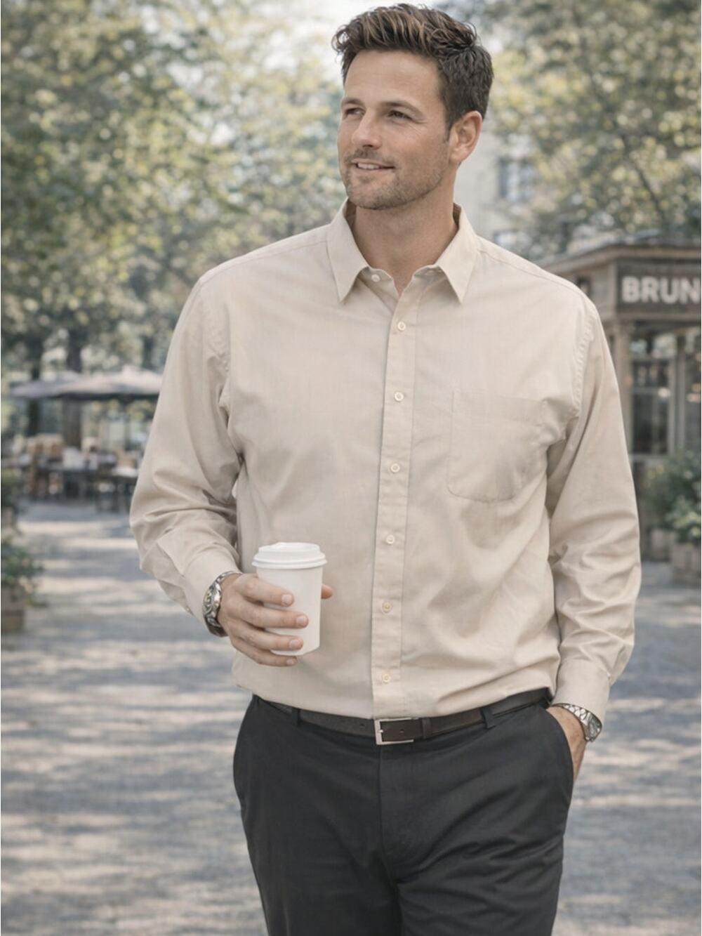 Oleg Cassini Men’s Shirt 17.5 36/37 Beige Button-Up Single Needle Stitch